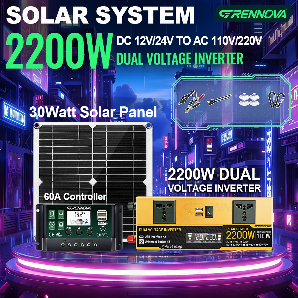 

Plug and Play Solar Power Kit 2200W Peak 1100W Continuous Inverter 30W Panel 60A Controller DC 12/24V To 110V 220V for Camping