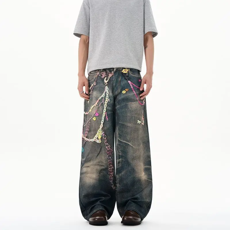 

Men's Floor Mopping Candy Printed Canvas Jeans Versatile Casual Long Pants Couple Digital Loose Wide Leg Straight Leg Pants