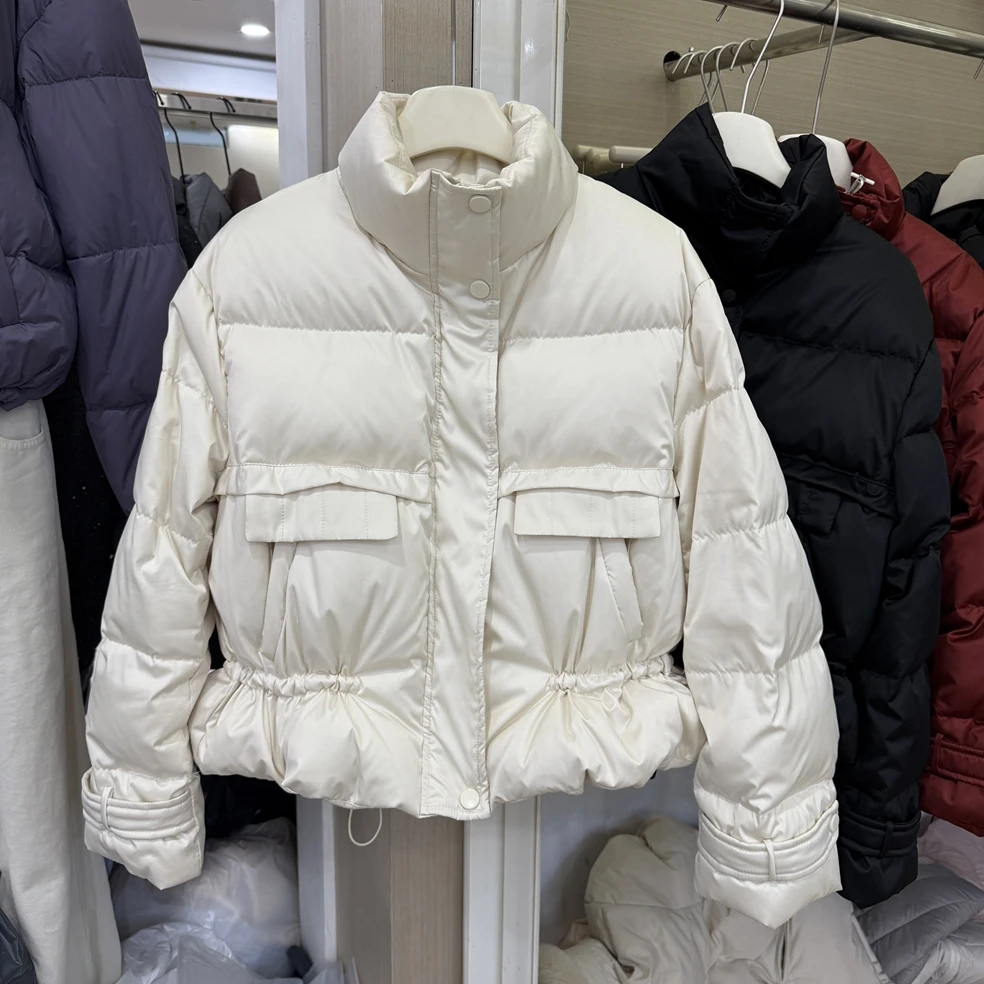 여성용 가을 겨울 두꺼운 따뜻한 흰색 오리털 숏 코트 여성 스트리트웨어 터틀넥 긴 소매 허리 조임 다운 아우터웨어