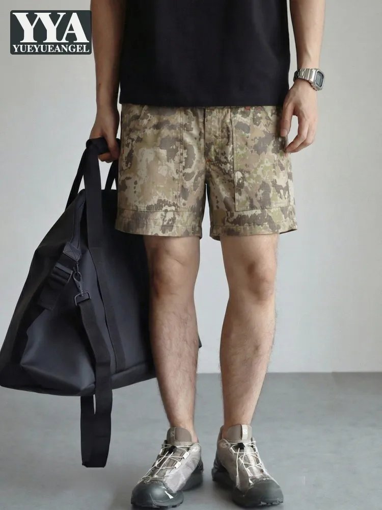 

Summer Mens Vintage Spliced Camouflage Workwear Shorts Mid Waist Loose Fit Fashion Casual Office Knee Length Straight Trousers
