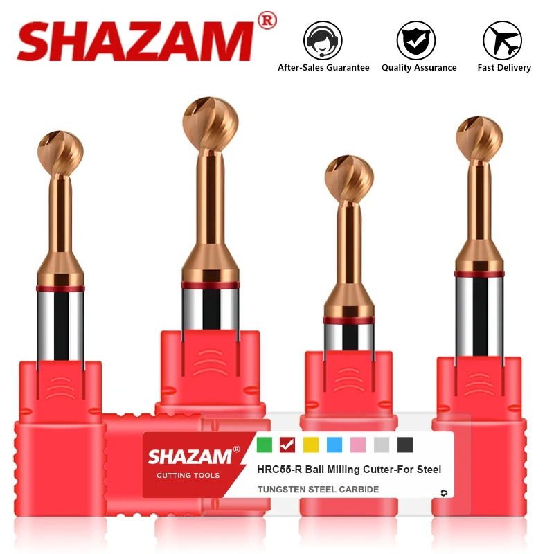 SHAZAM HRC55 2-Flute Tungsten Steel Carbide Nano Coating Lollipop Ball End Milling Cutter For CNC Machining Arch Endmills Tools