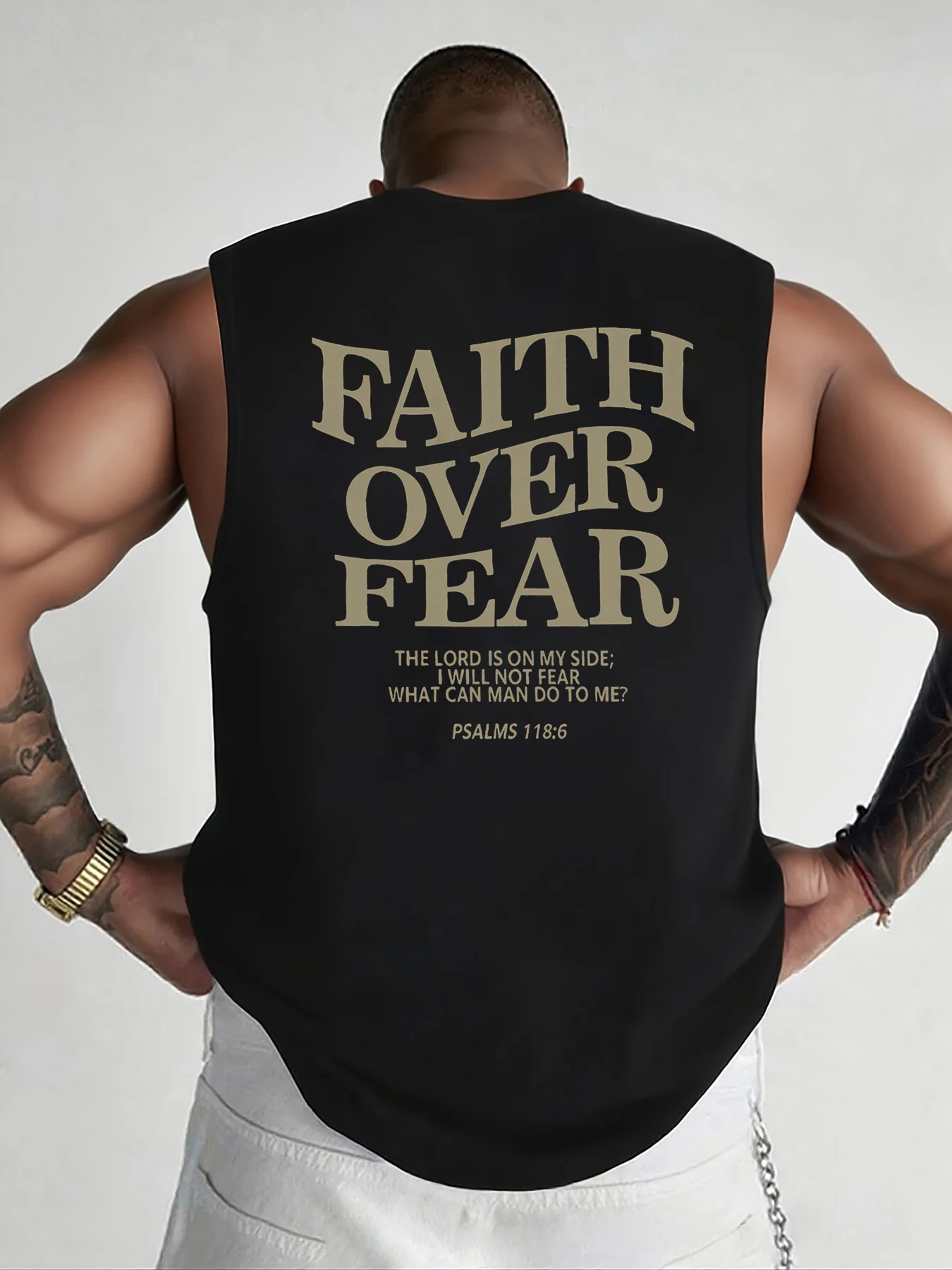 Chaleco sin mangas con cuello redondo, transpirable, con estampado FAITH OVER FEAR, holgado, deportivo, informal, de verano, 100% algodón puro para hombre