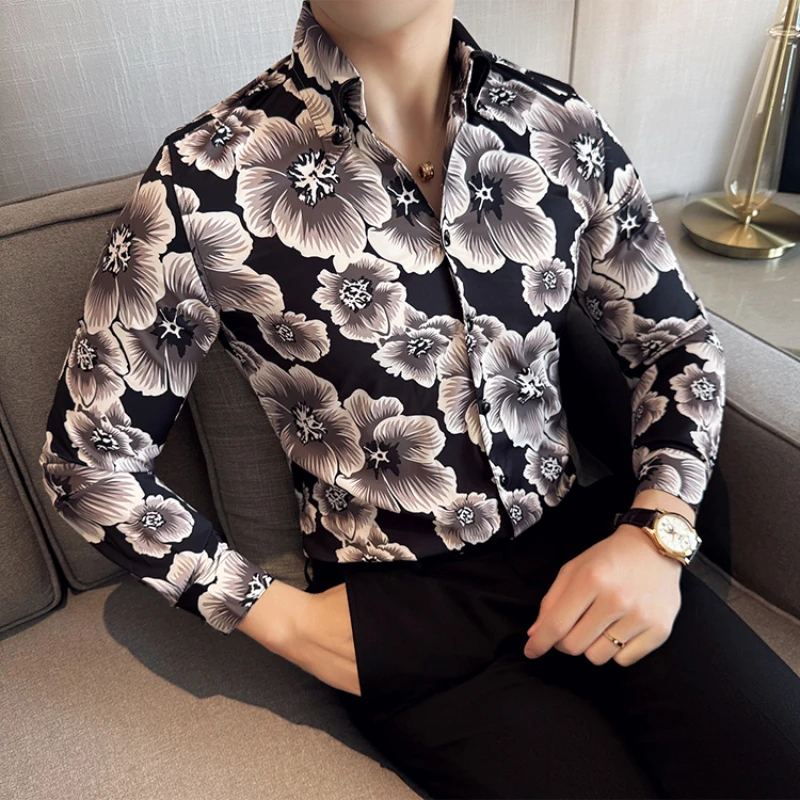 2024 Spring Flower Shirts Men Long Sleeved V-neck Casual Shirt Men Clothing Fashion Hawaiian Vacation Shirt Social Streetwear