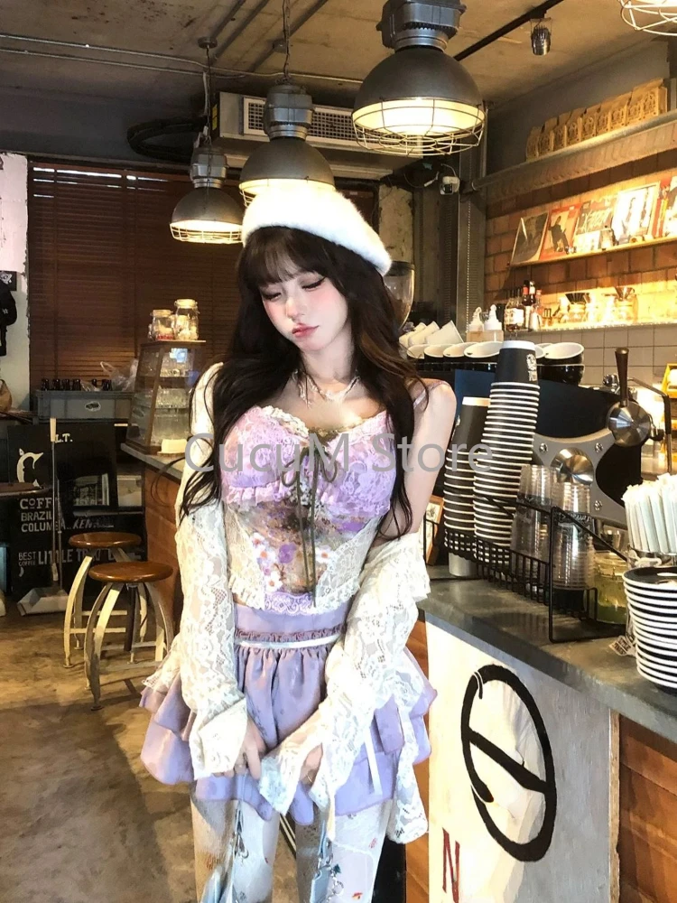 Harajuku Sweet Lolita Style Slim 3 Piece Set Women Elegant Floral Vest Top Lace Cardigan Mini Cake Dress Suit Female Outfits