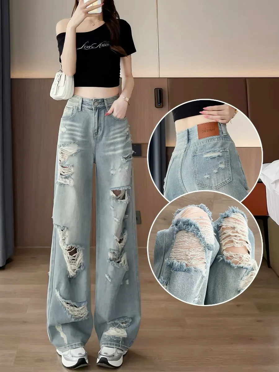 

Trendy Ripped Wide Leg Jeans Women's Spring Summer Thin New Style 2026 High Waist Casual Loose Fit Denim Pants for Short Women
