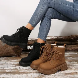 Women Retro Brown Platform Combat Boots Autumn Winter Lace-up Side Zipper Ankle Boots Woman Thick Sole Faux Suede Botas Mujer