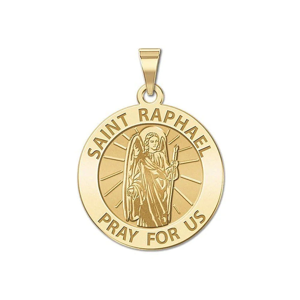 Jeshayuan Archangel Saint Raphael Medal Latin Prayer Charm Pendant Stainless Steel Necklace Religious Madonna Christian Jewelry