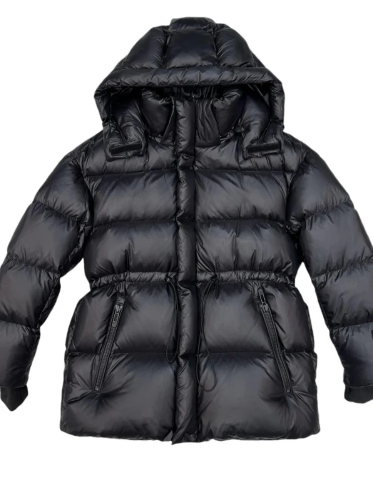 Abrigo acolchado negro para mujer, chaqueta nueva de invierno, Parkas con plumón de pato blanco de cintura alta, ropa de nieve gruesa y holgada con capucha, 2025