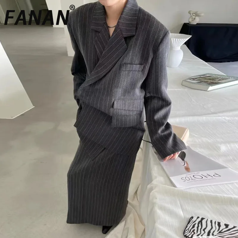 

FANAN Fashion Striped 2 Piece Set Women's Asymmetric Button Design High Waist Mid-length Suits Female Clothing 2025 Spring New