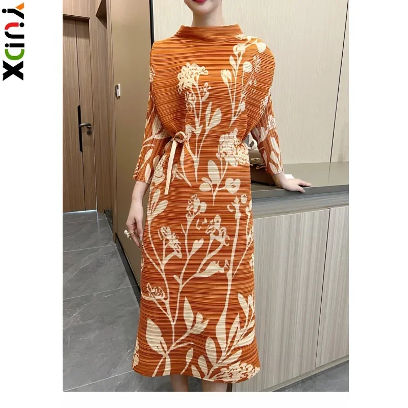 

YUDX Miyake Winter New Printed Dress Slash Neck Long Sleeve Dress Temperament Design Sense Drawstring Slim Girls Long Dress 2023