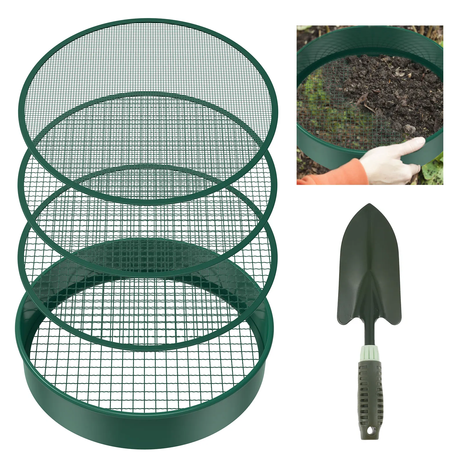 

Soil Sifter 11.8inch Portable Metal Garden Sieve with 4 Interchangeable Filter Mesh Sizes 3/6/9/12mm Multifunctional Dirt Sifter