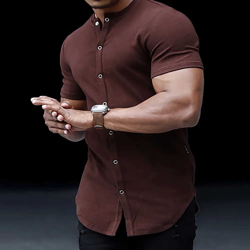 Men Casual Slim Solid Color Short Sleeve Shirt Outdoor Fitness Sports Running Stand Collar Cardigan Fashion Men Business Shirt