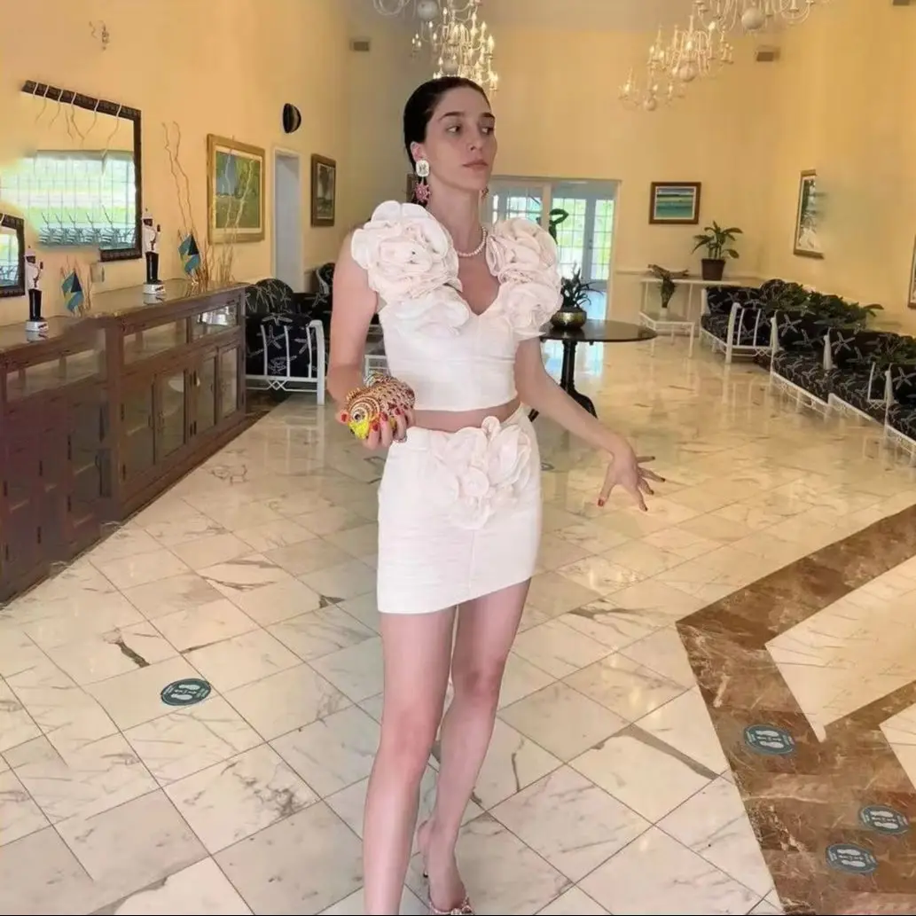 Sexy vestido de flor 2 peças vestidos de noite feitos à mão verão cetim celebridade em camadas flores plissadas elegante clube vestido de festa