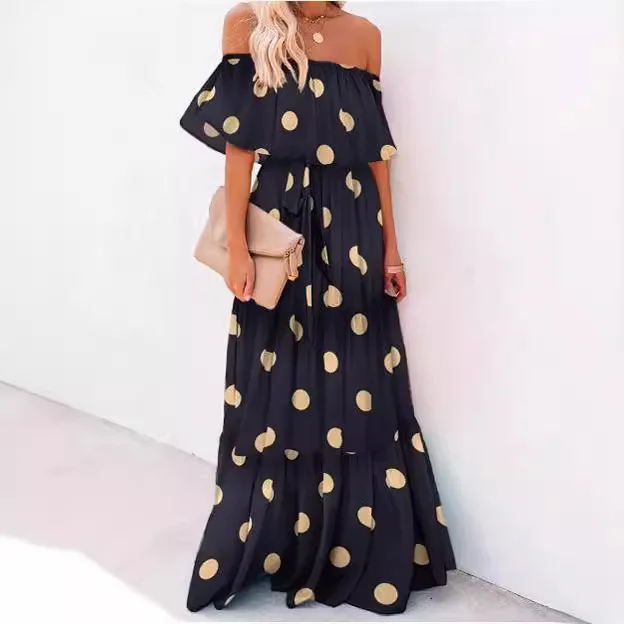 

2025 Spring/Summer New Women's Chest Wrapped Printed One Shoulder Large Swing Dress