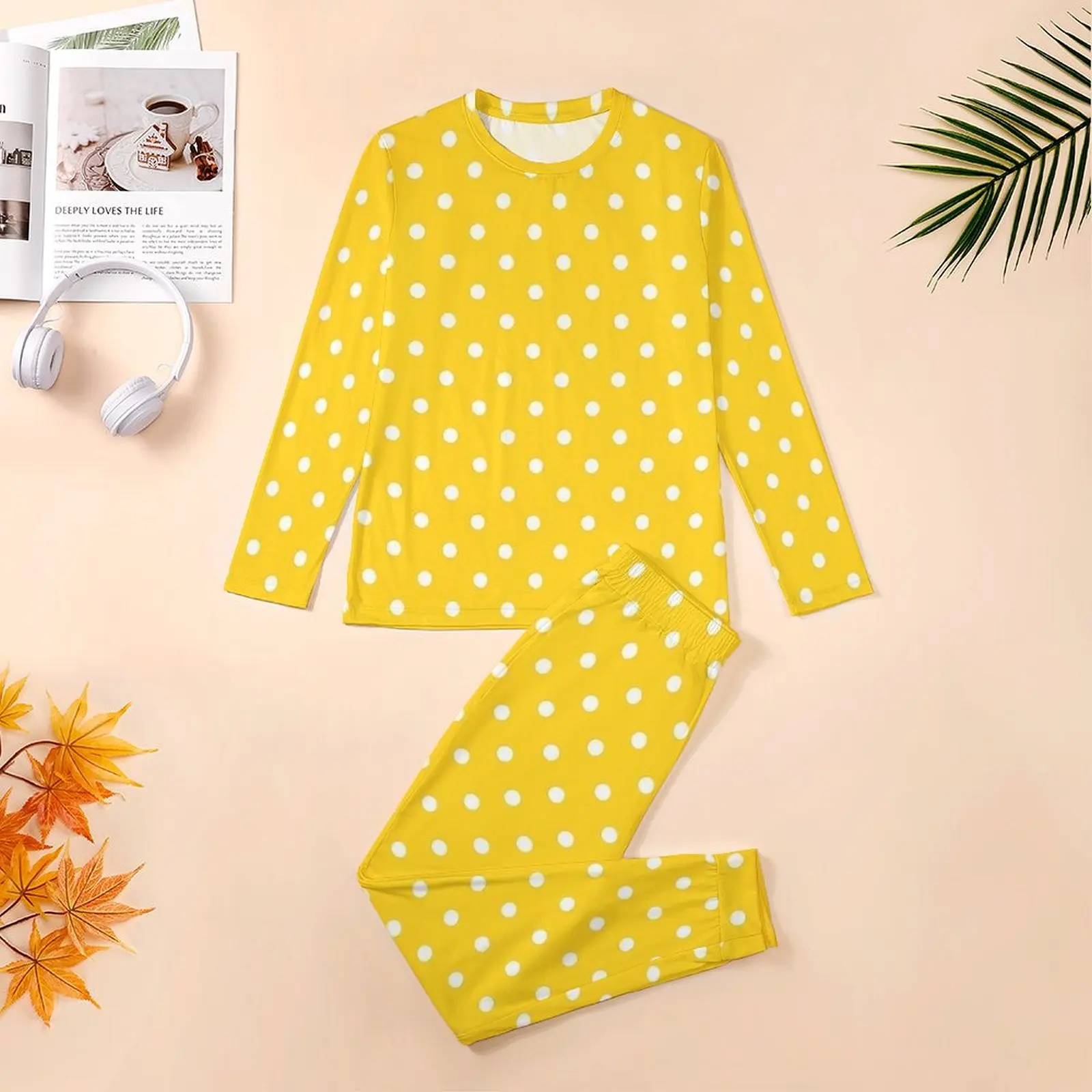 Vintage Polka Dots Pajamas Male XWhite And Yellow Soft Nightwear Daily Long-Sleeve 2 Pieces Casual Graphic Pajamas Set Big Size