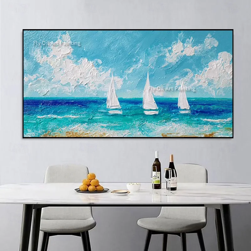 Bright Ocean Sailboat Impasto Oil Painting, Hand‑Painted Palette Knife Textured Canvas, Vivid Nautical Seascape Art