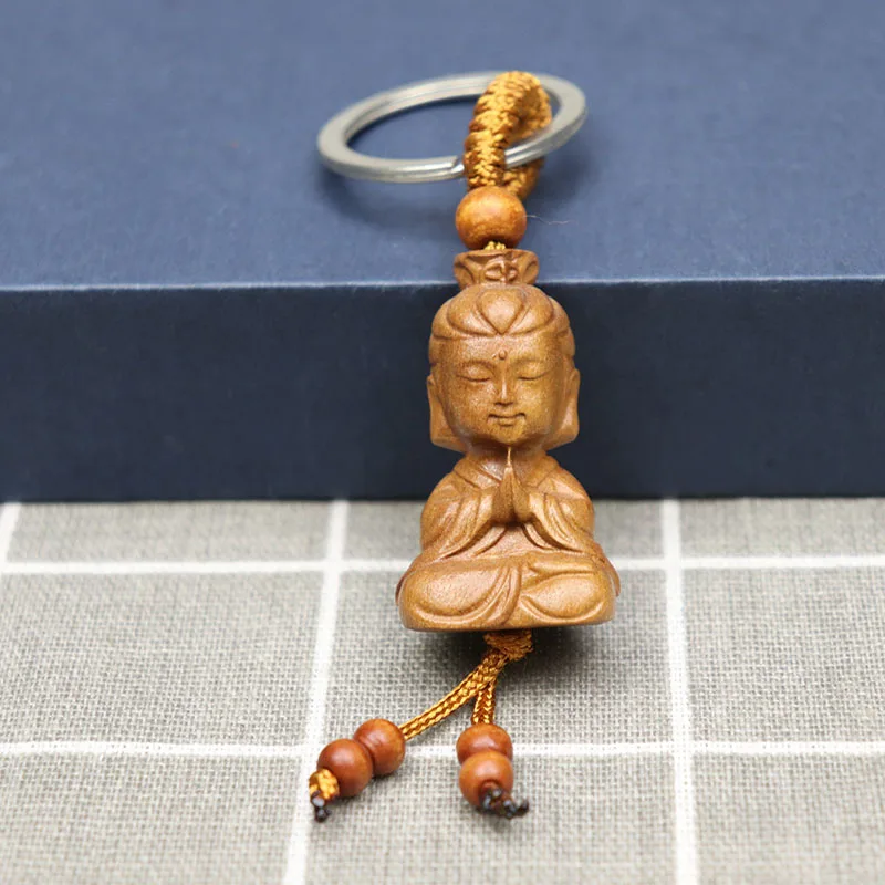 Peach Wood Buddha Shakyamuni Key Chain Guanyin Bodhisattva Wooden Keychain Tathagata Buddhist Monk Tourist Keyring Pendant Gift