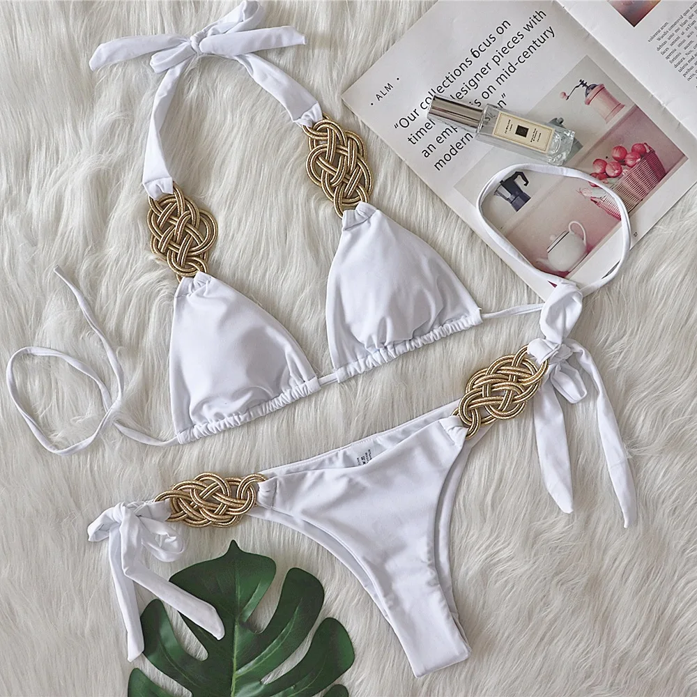 Bikini de punto con cuello Halter de retazos para mujer, traje de baño femenino, conjunto de Bikini de dos piezas, bañador brasileño, novedad