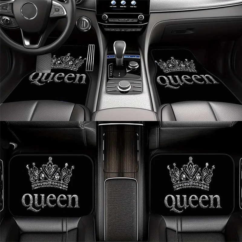 2pcs/4pcs Polyester Queen Crown Print Cool Car Floor Mats, Wear-Resistant and Stable,Practical Car Interior Decoration Additions