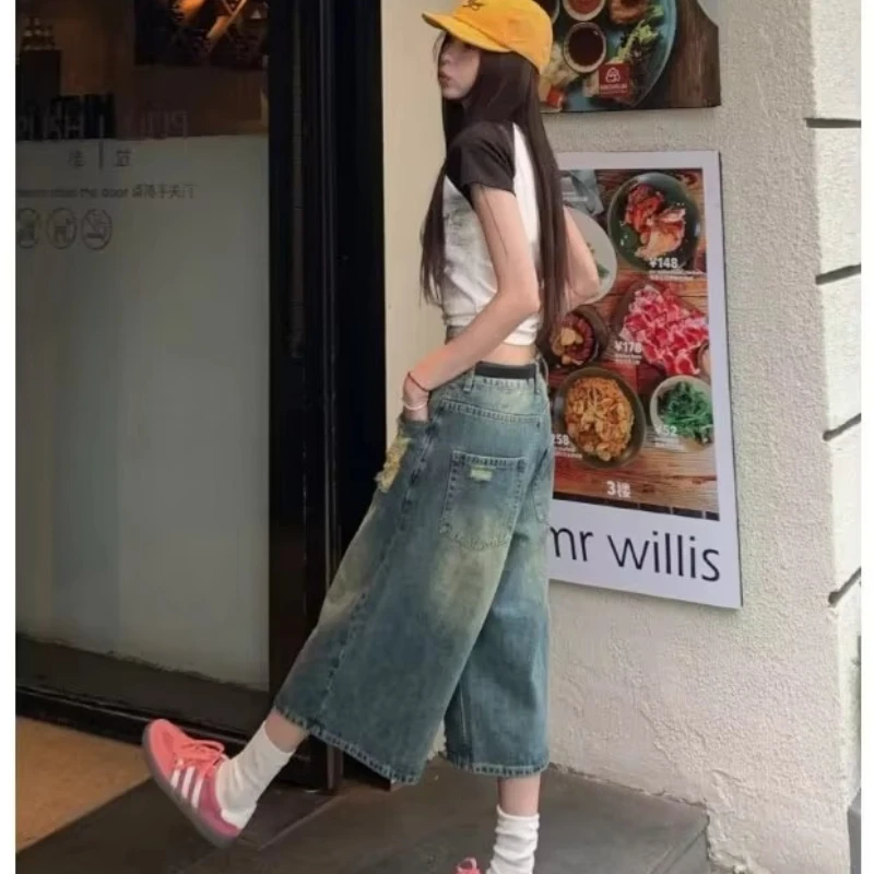 جينز بأرجل واسعة مغسول بفتحات ، بنطلون متوسط الطول ، تصميم متخصص ، علامة تجارية عصرية ، كلاسيكي ، صيفي ، سبعة بوصات #4