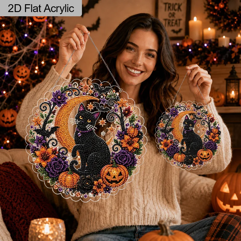 2D Flat, 1Pc 7.87/11.8inch Halloween Black Cat Pumpkin Crescent Moon Pearl Diamond Arts Suncatcher Kit, Acrylic Hanging