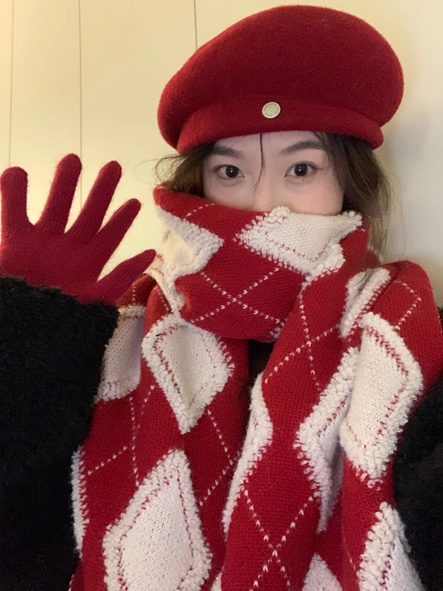 Knitted Scarf Women Winter New Korean Version Red Warm Windproof Cold-Proof Versatile Luxury