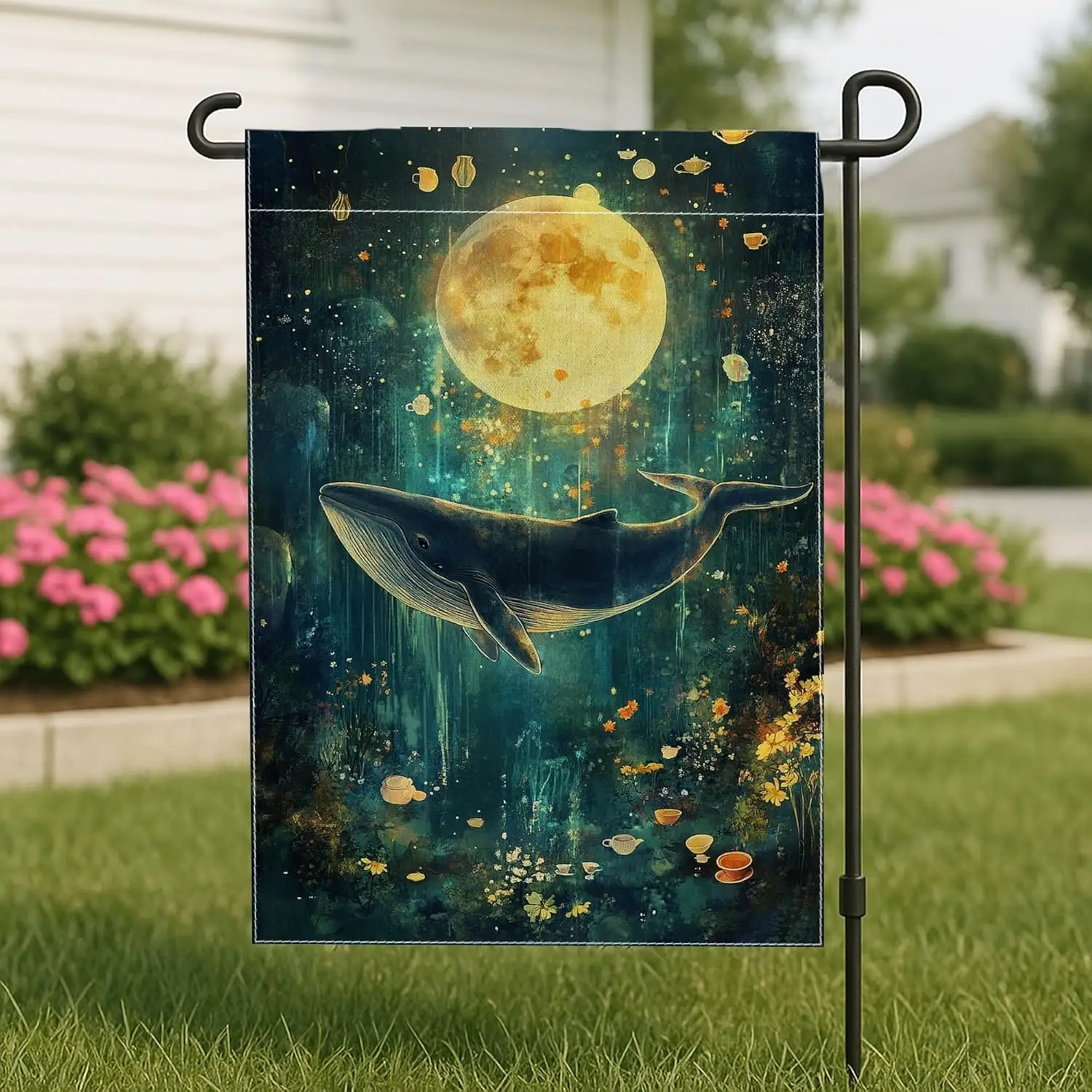 Whale Garden Flag, Fantasy Fanciful Moon Flowers None Blue Burlap Double Sided Small Garden Yard Flag for Outdoor Patio Lawn jjp