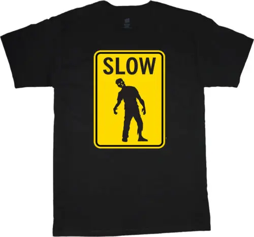 

Funny Slow Zombie Sign Beware of Zombies Decal T-shirt Men's Graphic Tee