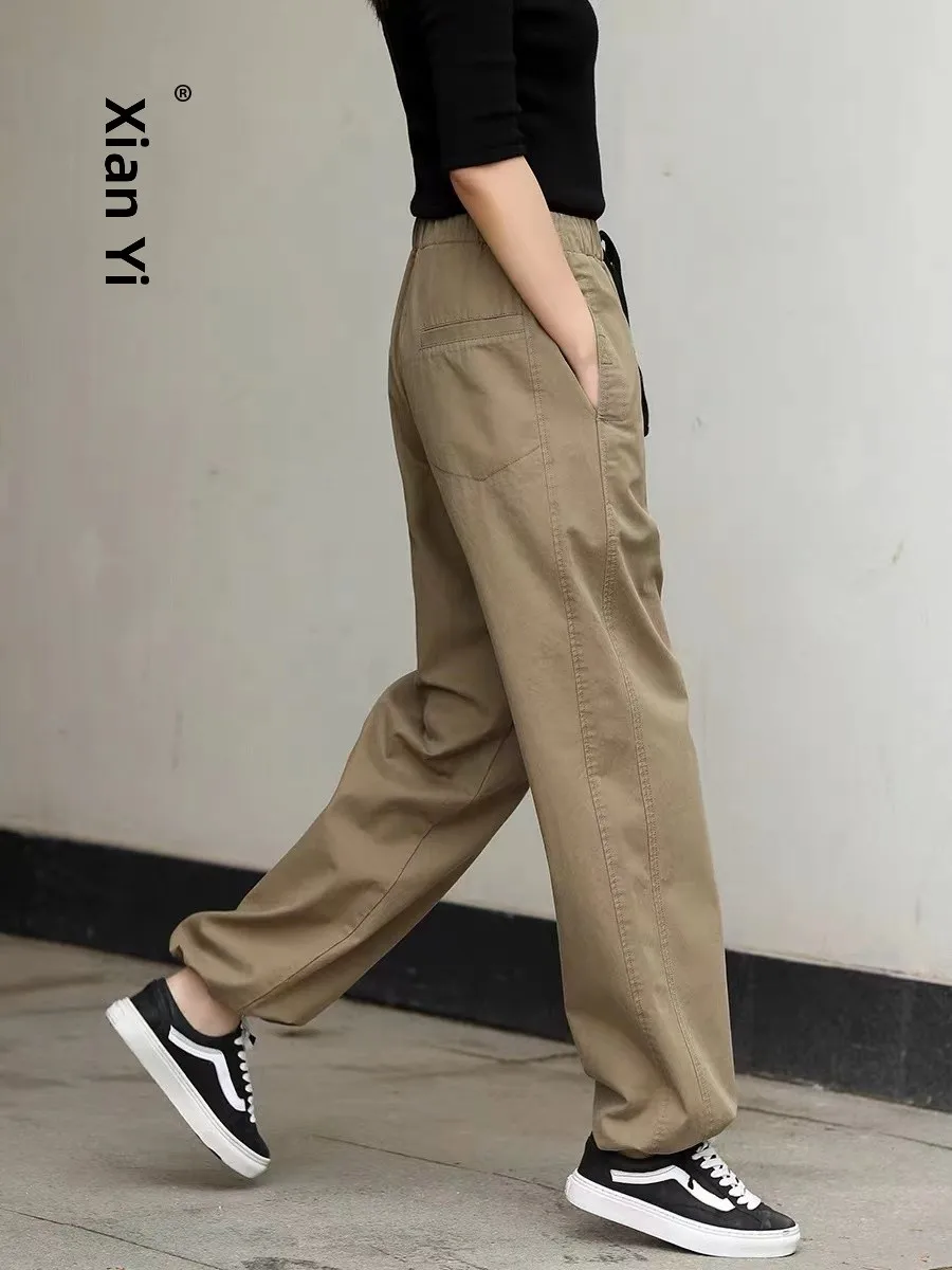 

Брюки для рабочей одежды цвета хаки, женские эластичные свободные повседневные брюки с высокой талией Harlan, модные хлопковые и льняные брюки для поездок на работу, с деталями