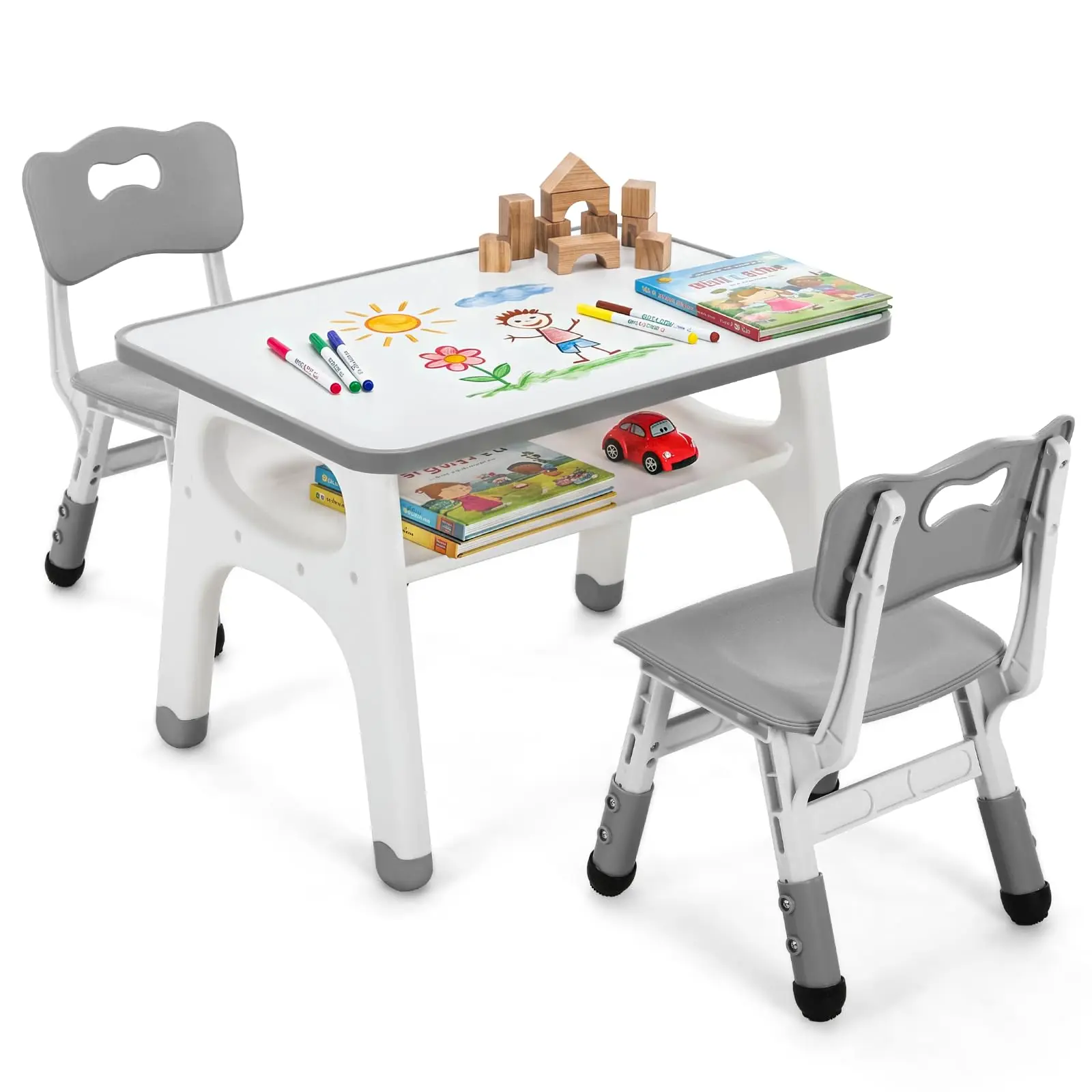 Children Kids Table and 2 Chairs Set Toddler Activity Table Graffiti Desktop & Adjustable Height Chair w/ Large Built-in Storage
