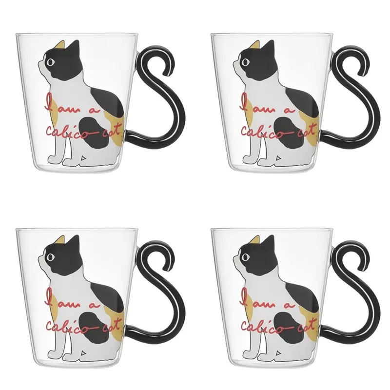 CHCH 4X Cute Kitty Glass Water Cup Cat Tail Handle Mug Milk Tea Coffee Fruit Juice Mug Drinkware Home Lovers Cup -White