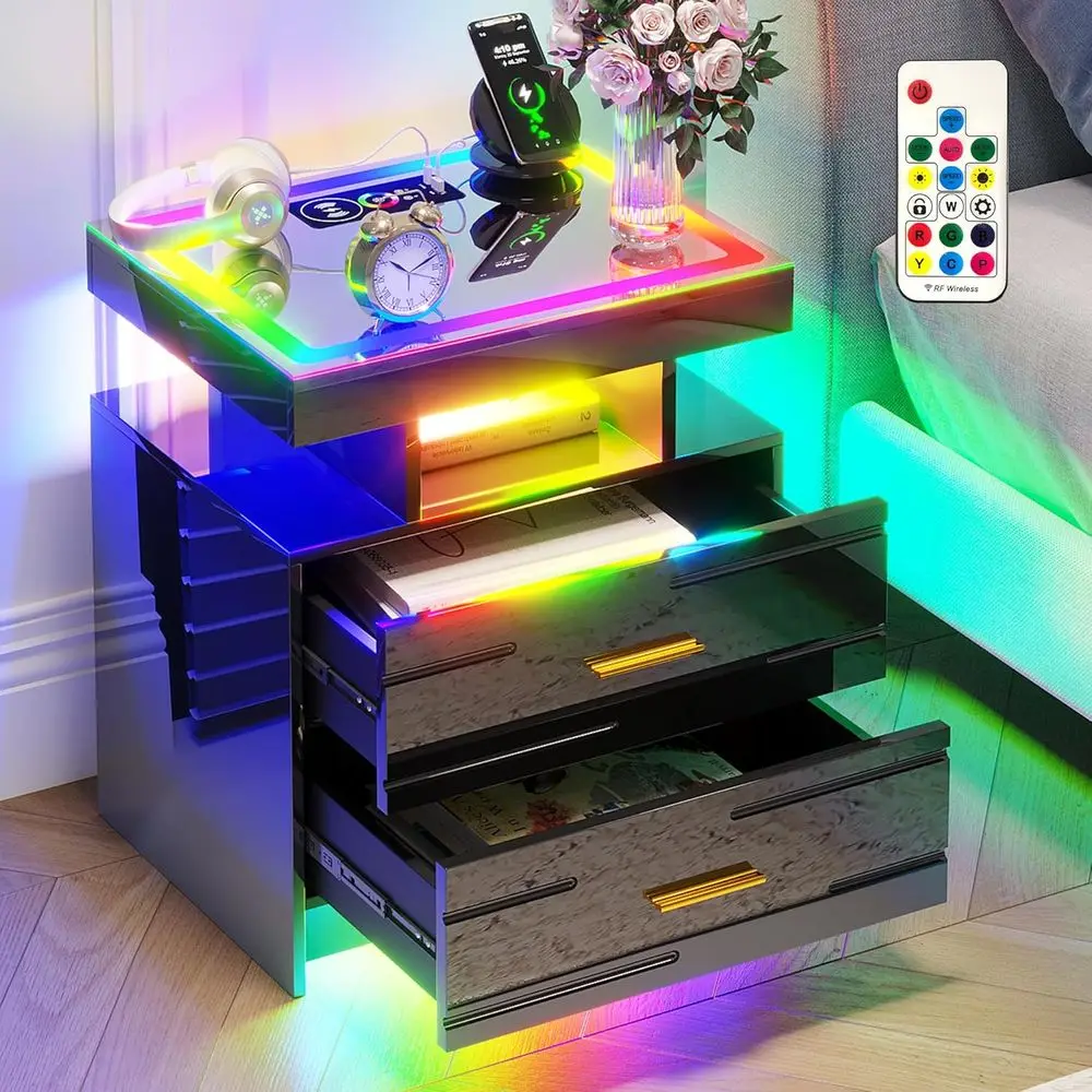 Wireless Charging LED Nightstand with Motion Sensor and Color-Changing Lights, High Gloss Black Side Table with Glass Top