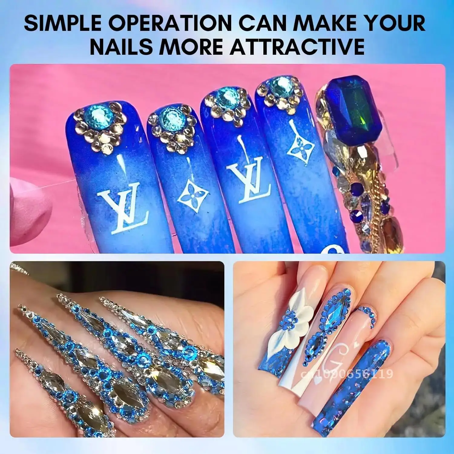 30g Makartt Rhinestone Glue with Royal Blue Glass Crystal Kit  for Shine Nail Art Manicure Makeup DIY Decoration Gem Jewelry