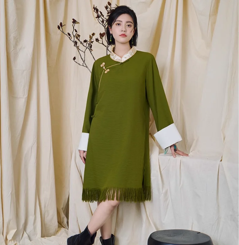 

Китайское ретро-тибетское стильное улучшенное платье Cheongsam с кисточками, женское летнее платье