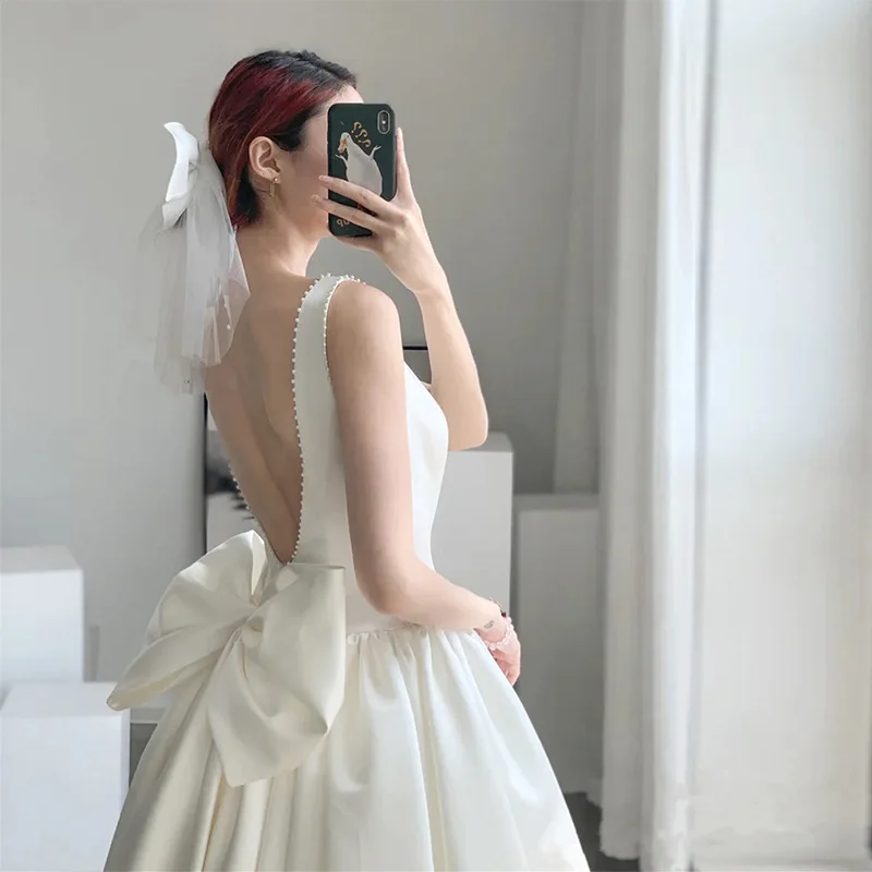 Simple Round Neck Backless Waist Big Flower Tea Length Satin Wedding Dress White