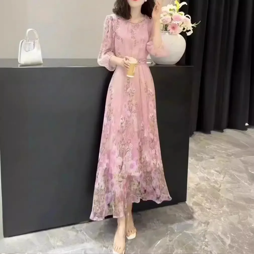 Imprimé fleuri en mousseline de soie été nouveau Sle femmes Dr t-shirt quart Sve Maxi Long Dr effet minceur doux Sle rond Ne