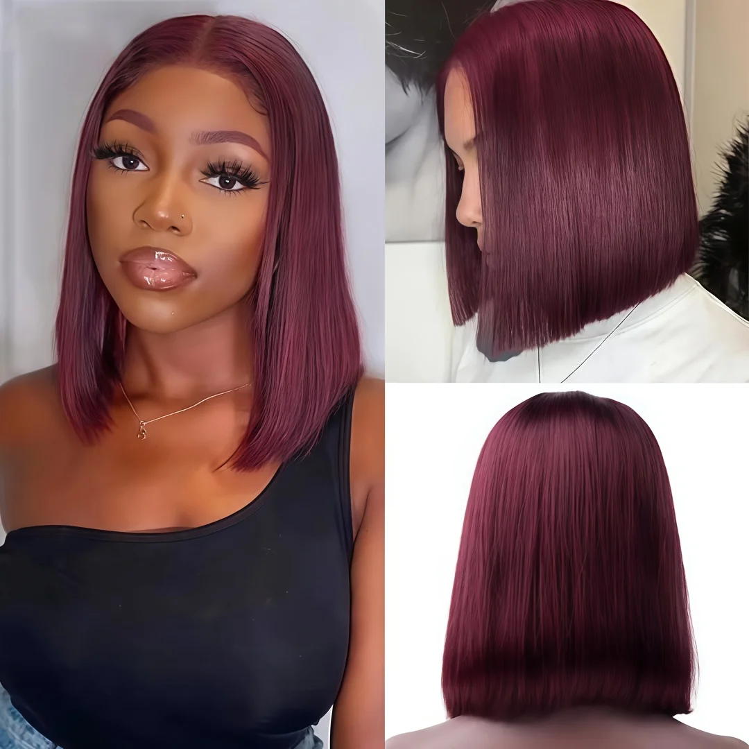 14Inch Soft Short Bob 99j Burgundy Preplucked Middle Part Wine 180Density Straight Lace Front Wig For Women Synthetic Glueless