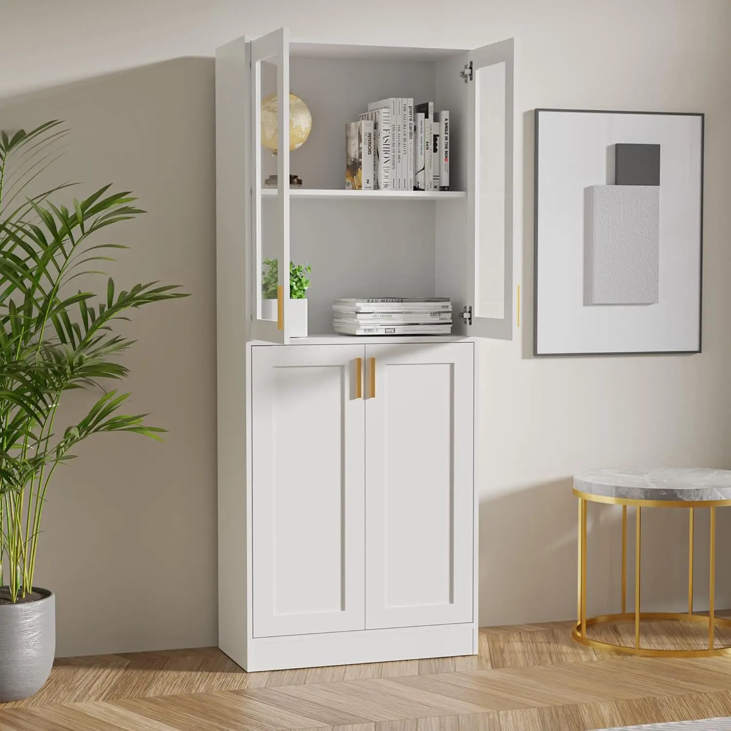 Kitchen Pantry Storage Cabinet 71" Tall 4 Doors Wood Freestanding Cupboard with Acrylic Glass Door and Adjustable Shelves