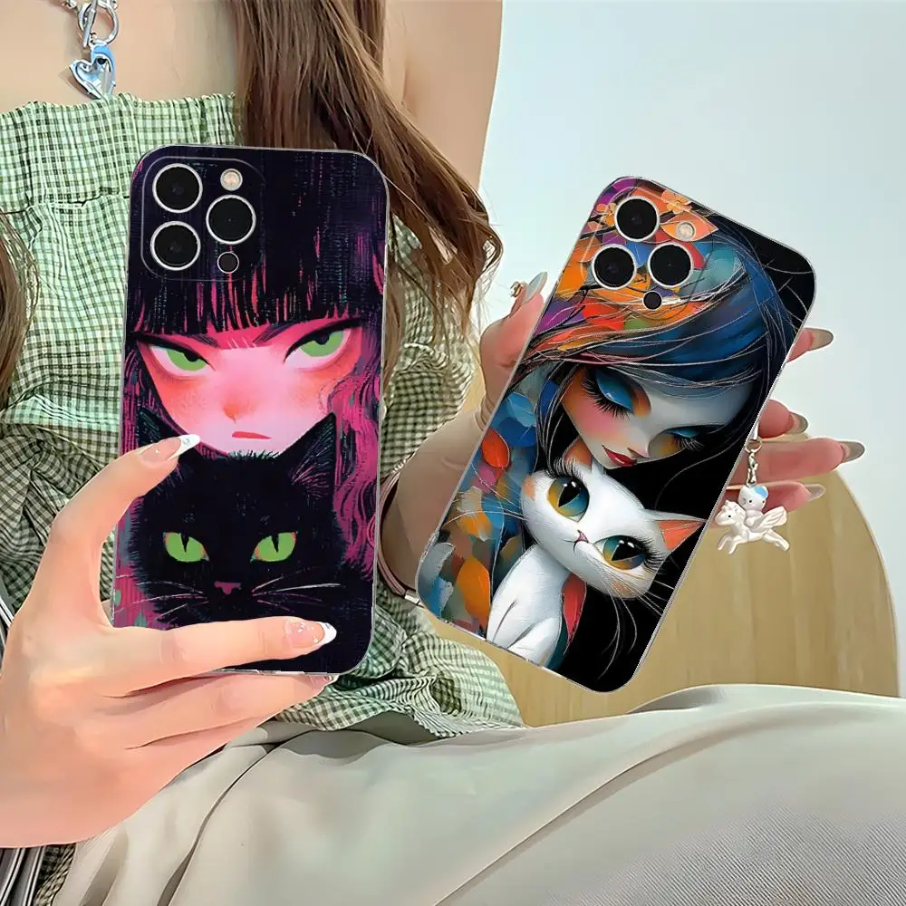 حافظة هاتف فني على شكل قطة لهاتف آيفون 16 15 14 13 12 11 X XR XS 8 6 Pro Max Plus غطاء حماية صغير بلون واضح جميل #1