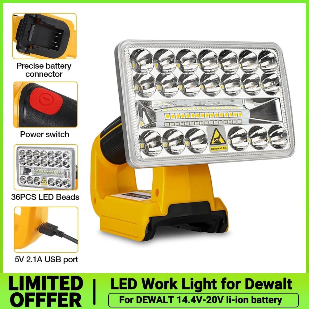 lanterna led para dewalt luz de trabalho ao ar livre 144v20v adaptador dcb201 usb 5v saida 1a bateria li ion 18w ferramenta luz 01