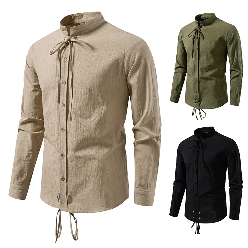 Men Long Sleeve Shirts Henry Collar Mens Dress Shirts Casual Drawstring Design Male Clothes Chemise Hemd Homme Shirt S260