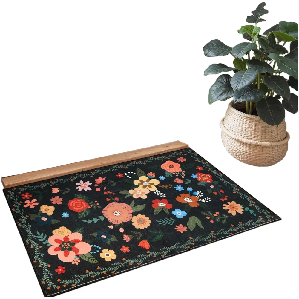 For AMERICAN Style Botanical Floral Pattern Doormat Washable Non Slip Floor Mat with Plush Faux Wool for Indoor Use