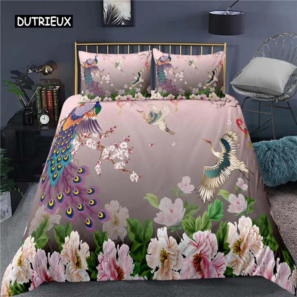 

Peacock Duvet Cover , Plum Blossom Decor Bedding Set King Size Crane Peacock Feather Floral Pattern Romantic Quilt Cover