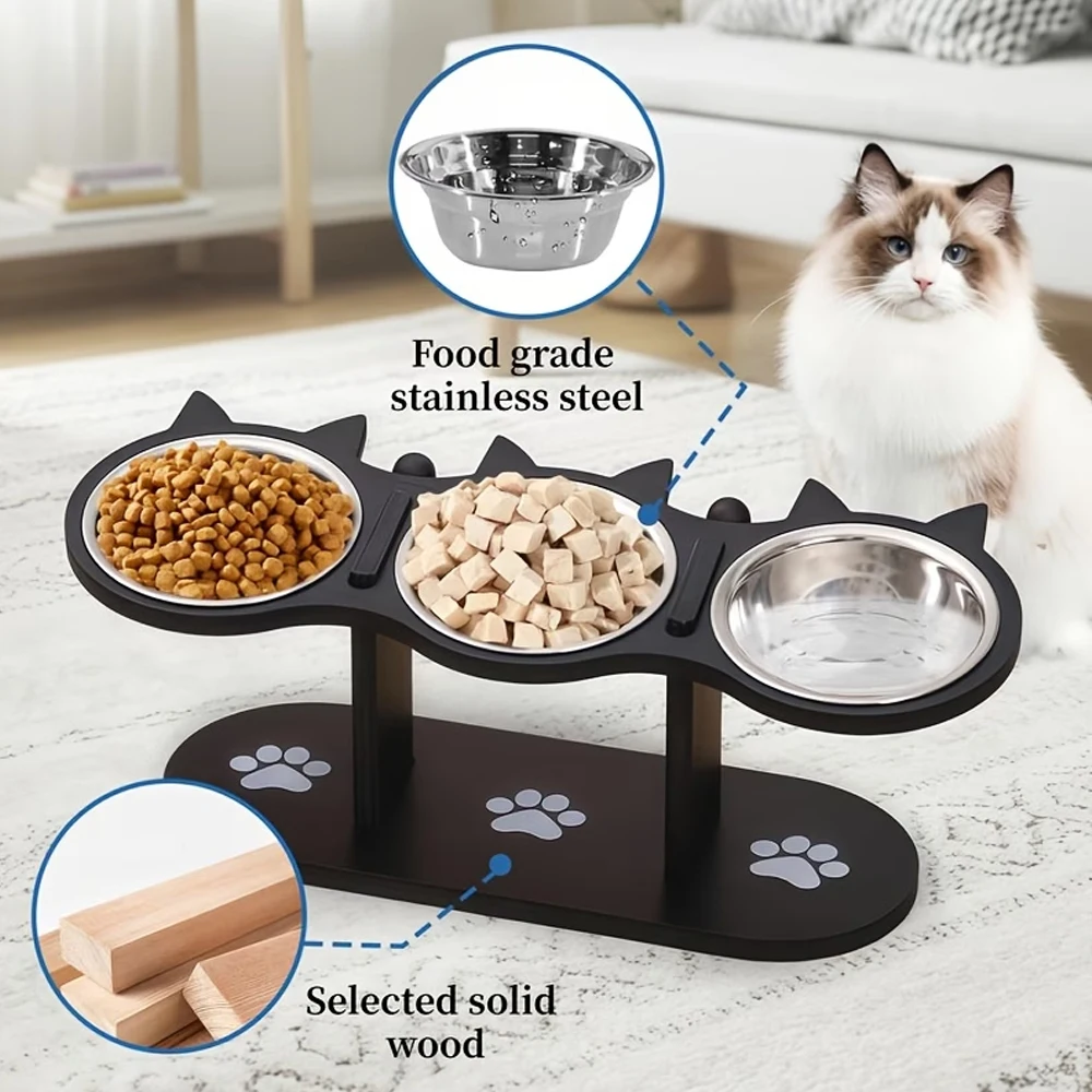 Comedero elevado 3 tazones para gato y perro – Base antideslizante