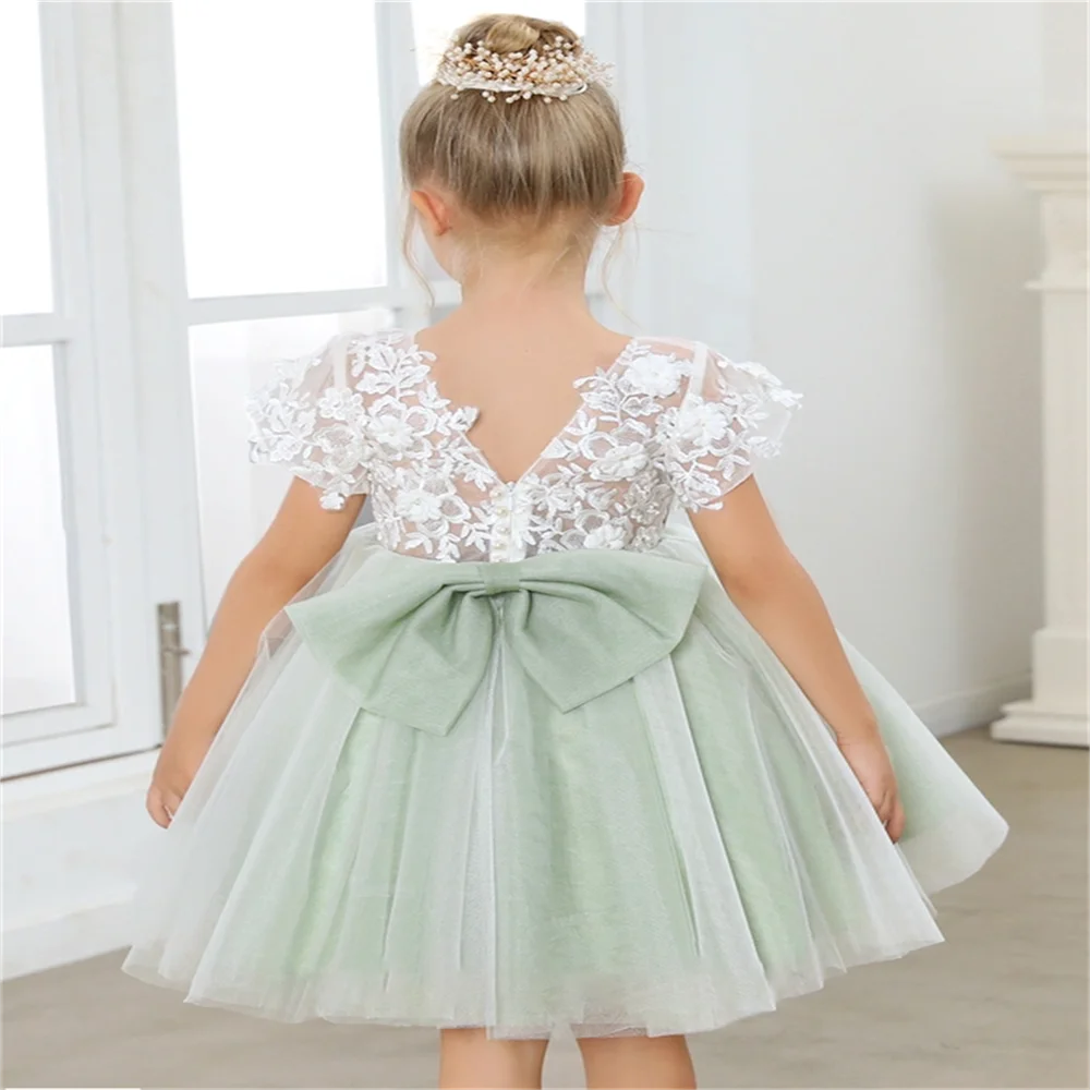 

Flower Girls Dresses Bridesmaid Kids Lace Appliqué V-Neck Bow Backless Short Sleeves First Communion Wedding Customize Dresses