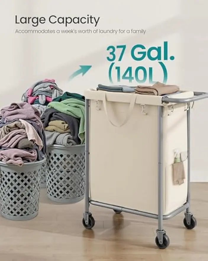 2-Section Rolling Laundry Hamper with Wheels, Removable Liner, Steel Frame, 37 Gallons Cream White