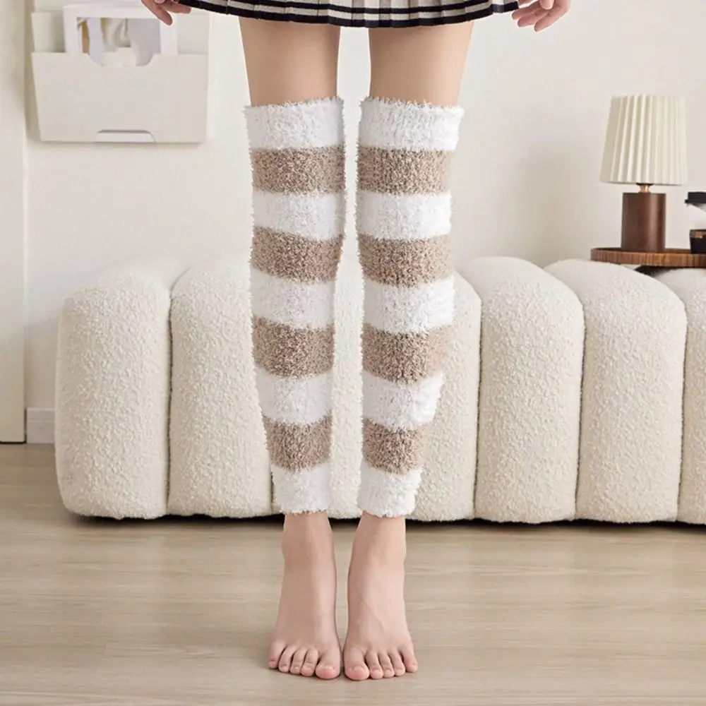 

Creative Thicken Warm Long Tube Sock Cover Stripe Hosiery Coral Fleece Stockings Simple Leg Warmer Floor Plush Stockings Autumn
