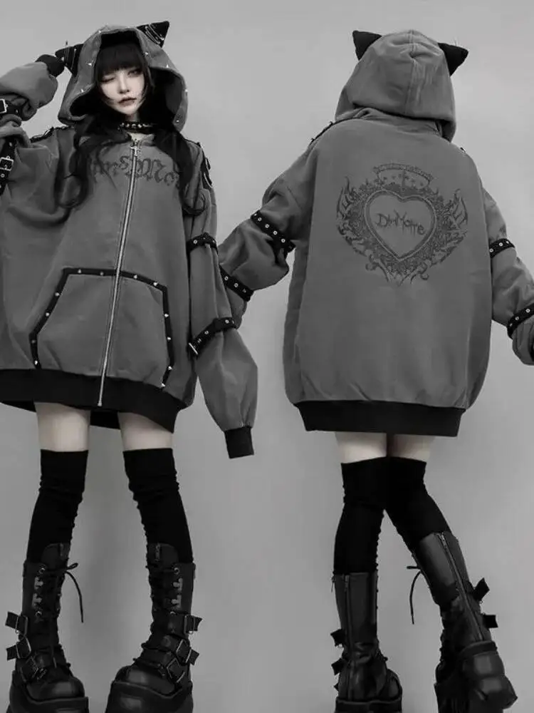 

Gothic Punk Hoodies For Women 2025 Autumn Winter Y2K Gothic Hoodie Cross & Cat Ear Subculture Zip Up Hooded Sweatshirt Jacket