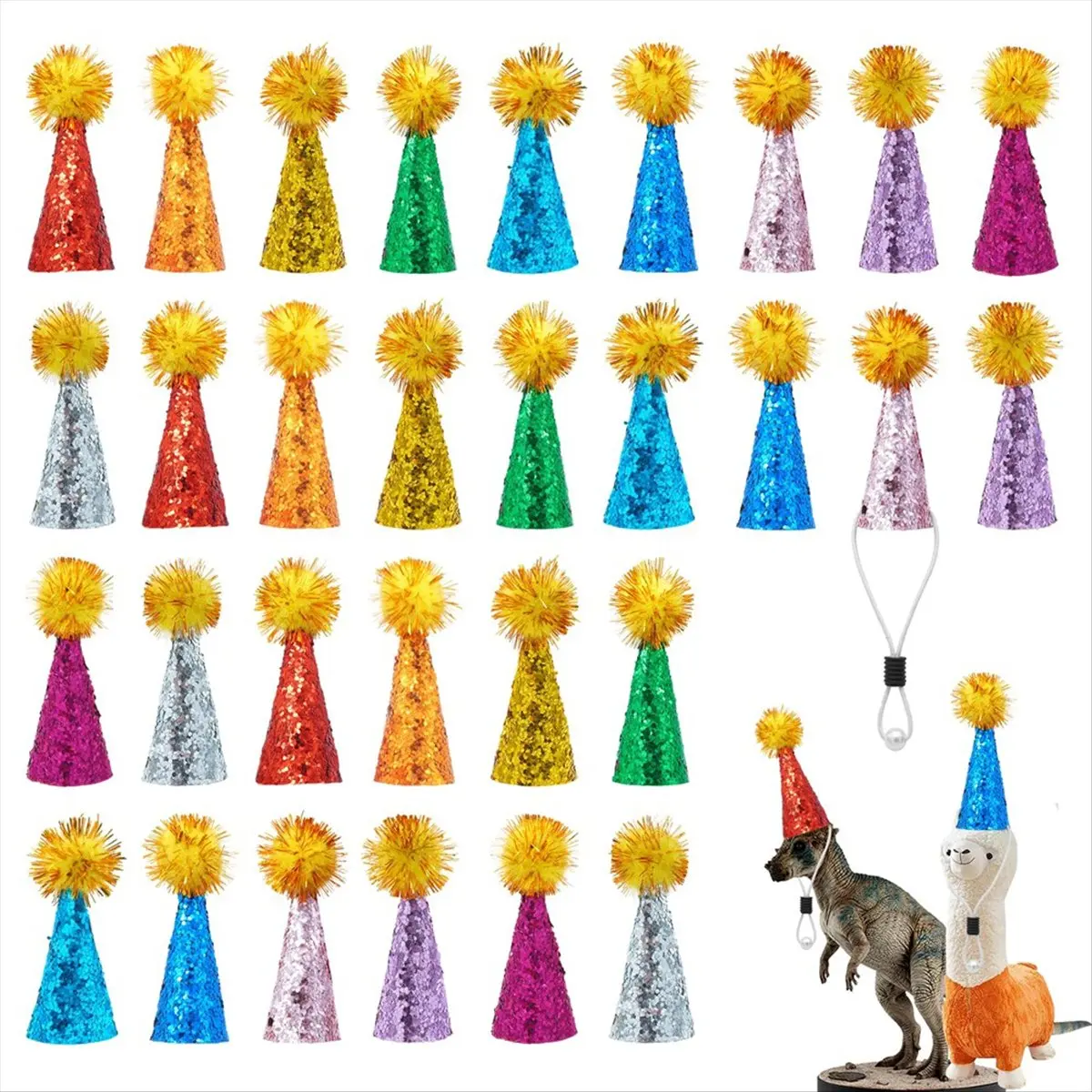HITL 30 Pcs Mini Party Hats for Animal Figures Toys Tiny Glitter Cone Birthday Party Hats with Pom Poms