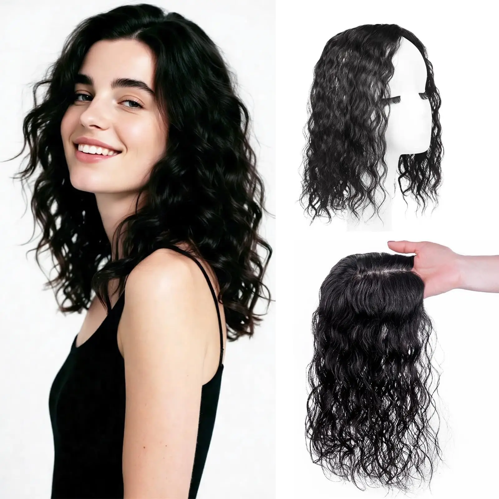 

Hand Tied 100% Human Hair Topper Full Swiss Lace Base For A Natural Looking Part Water Wave Color #1B